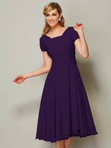 Modern Bateau Short Sleeves Ruffles Short Chiffon Bridesmaid Dresses-Ballbella