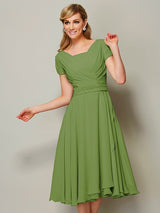 Modern Bateau Short Sleeves Ruffles Short Chiffon Bridesmaid Dresses-Ballbella