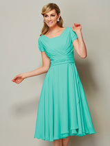 Modern Bateau Short Sleeves Ruffles Short Chiffon Bridesmaid Dresses-Ballbella