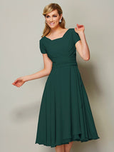 Modern Bateau Short Sleeves Ruffles Short Chiffon Bridesmaid Dresses-Ballbella