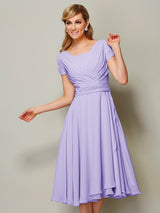 Modern Bateau Short Sleeves Ruffles Short Chiffon Bridesmaid Dresses-Ballbella