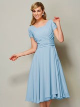 Modern Bateau Short Sleeves Ruffles Short Chiffon Bridesmaid Dresses-Ballbella