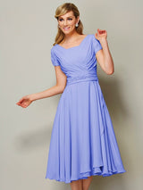 Modern Bateau Short Sleeves Ruffles Short Chiffon Bridesmaid Dresses-Ballbella
