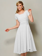 Modern Bateau Short Sleeves Ruffles Short Chiffon Bridesmaid Dresses-Ballbella