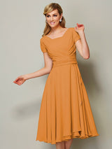 Modern Bateau Short Sleeves Ruffles Short Chiffon Bridesmaid Dresses-Ballbella