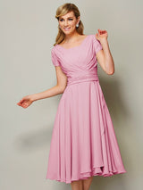 Modern Bateau Short Sleeves Ruffles Short Chiffon Bridesmaid Dresses-Ballbella