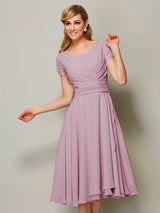 Modern Bateau Short Sleeves Ruffles Short Chiffon Bridesmaid Dresses-Ballbella