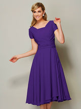 Modern Bateau Short Sleeves Ruffles Short Chiffon Bridesmaid Dresses-Ballbella