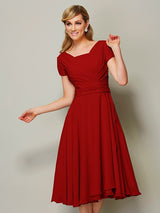 Modern Bateau Short Sleeves Ruffles Short Chiffon Bridesmaid Dresses-Ballbella