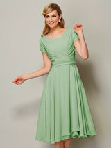 Modern Bateau Short Sleeves Ruffles Short Chiffon Bridesmaid Dresses-Ballbella