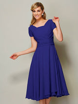 Modern Bateau Short Sleeves Ruffles Short Chiffon Bridesmaid Dresses-Ballbella