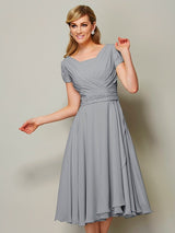 Modern Bateau Short Sleeves Ruffles Short Chiffon Bridesmaid Dresses-Ballbella