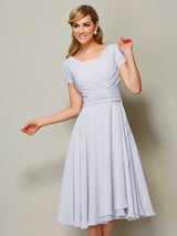 Modern Bateau Short Sleeves Ruffles Short Chiffon Bridesmaid Dresses-Ballbella