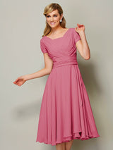 Modern Bateau Short Sleeves Ruffles Short Chiffon Bridesmaid Dresses-Ballbella