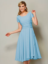 Modern Bateau Short Sleeves Ruffles Short Chiffon Bridesmaid Dresses-Ballbella