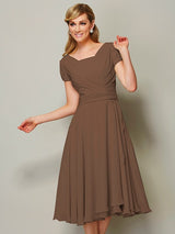 Modern Bateau Short Sleeves Ruffles Short Chiffon Bridesmaid Dresses-Ballbella