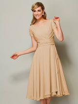 Modern Bateau Short Sleeves Ruffles Short Chiffon Bridesmaid Dresses-Ballbella