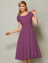 Modern Bateau Short Sleeves Ruffles Short Chiffon Bridesmaid Dresses-Ballbella