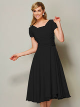 Modern Bateau Short Sleeves Ruffles Short Chiffon Bridesmaid Dresses-Ballbella