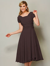 Modern Bateau Short Sleeves Ruffles Short Chiffon Bridesmaid Dresses-Ballbella