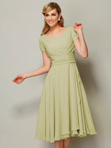 Modern Bateau Short Sleeves Ruffles Short Chiffon Bridesmaid Dresses-Ballbella