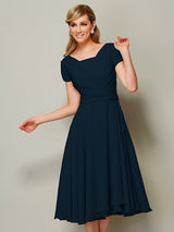 Modern Bateau Short Sleeves Ruffles Short Chiffon Bridesmaid Dresses-Ballbella