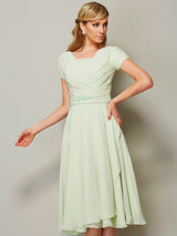 Modern Bateau Short Sleeves Ruffles Short Chiffon Bridesmaid Dresses-Ballbella