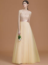 Modern Bateau Sleeveless Applique Tulle Bridesmaid Dresses-Ballbella