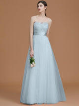 Modern Bateau Sleeveless Applique Tulle Bridesmaid Dresses-Ballbella