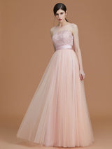 Modern Bateau Sleeveless Applique Tulle Bridesmaid Dresses-Ballbella