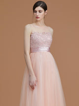 Modern Bateau Sleeveless Applique Tulle Bridesmaid Dresses-Ballbella