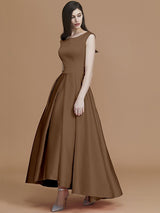 Modern Bateau Sleeveless Asymmetrical Ruffles Satin Bridesmaid Dresses-Ballbella