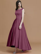 Modern Bateau Sleeveless Asymmetrical Ruffles Satin Bridesmaid Dresses-Ballbella
