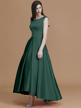 Modern Bateau Sleeveless Asymmetrical Ruffles Satin Bridesmaid Dresses-Ballbella