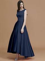 Modern Bateau Sleeveless Asymmetrical Ruffles Satin Bridesmaid Dresses-Ballbella