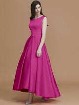 Modern Bateau Sleeveless Asymmetrical Ruffles Satin Bridesmaid Dresses-Ballbella