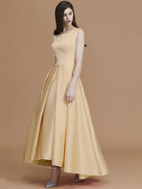 Modern Bateau Sleeveless Asymmetrical Ruffles Satin Bridesmaid Dresses-Ballbella