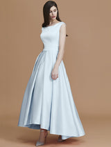 Modern Bateau Sleeveless Asymmetrical Ruffles Satin Bridesmaid Dresses-Ballbella
