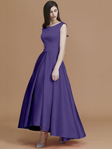 Modern Bateau Sleeveless Asymmetrical Ruffles Satin Bridesmaid Dresses-Ballbella