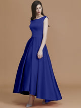 Modern Bateau Sleeveless Asymmetrical Ruffles Satin Bridesmaid Dresses-Ballbella