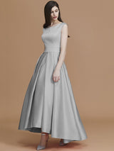 Modern Bateau Sleeveless Asymmetrical Ruffles Satin Bridesmaid Dresses-Ballbella