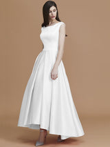 Modern Bateau Sleeveless Asymmetrical Ruffles Satin Bridesmaid Dresses-Ballbella