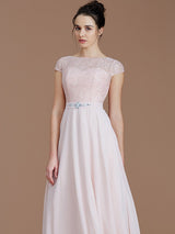 Modern Bateau Sleeveless Lace Chiffon Bridesmaid Dresses-Ballbella