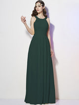 Modern Bateau Sleeveless Pleats Long Chiffon Bridesmaid Dresses-Ballbella