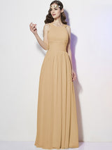Modern Bateau Sleeveless Pleats Long Chiffon Bridesmaid Dresses-Ballbella