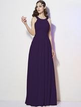 Modern Bateau Sleeveless Pleats Long Chiffon Bridesmaid Dresses-Ballbella