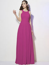 Modern Bateau Sleeveless Pleats Long Chiffon Bridesmaid Dresses-Ballbella
