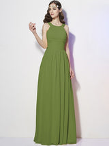 Modern Bateau Sleeveless Pleats Long Chiffon Bridesmaid Dresses-Ballbella