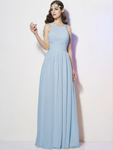 Modern Bateau Sleeveless Pleats Long Chiffon Bridesmaid Dresses-Ballbella