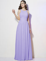 Modern Bateau Sleeveless Pleats Long Chiffon Bridesmaid Dresses-Ballbella